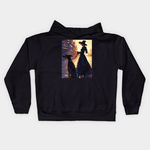 Victorian woman with doberman dog on street Kids Hoodie by TomFrontierArt